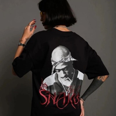 Kadın Baskılı T-Shirt Oversize Kısa kol Bisiklet yaka tişort- Siyah